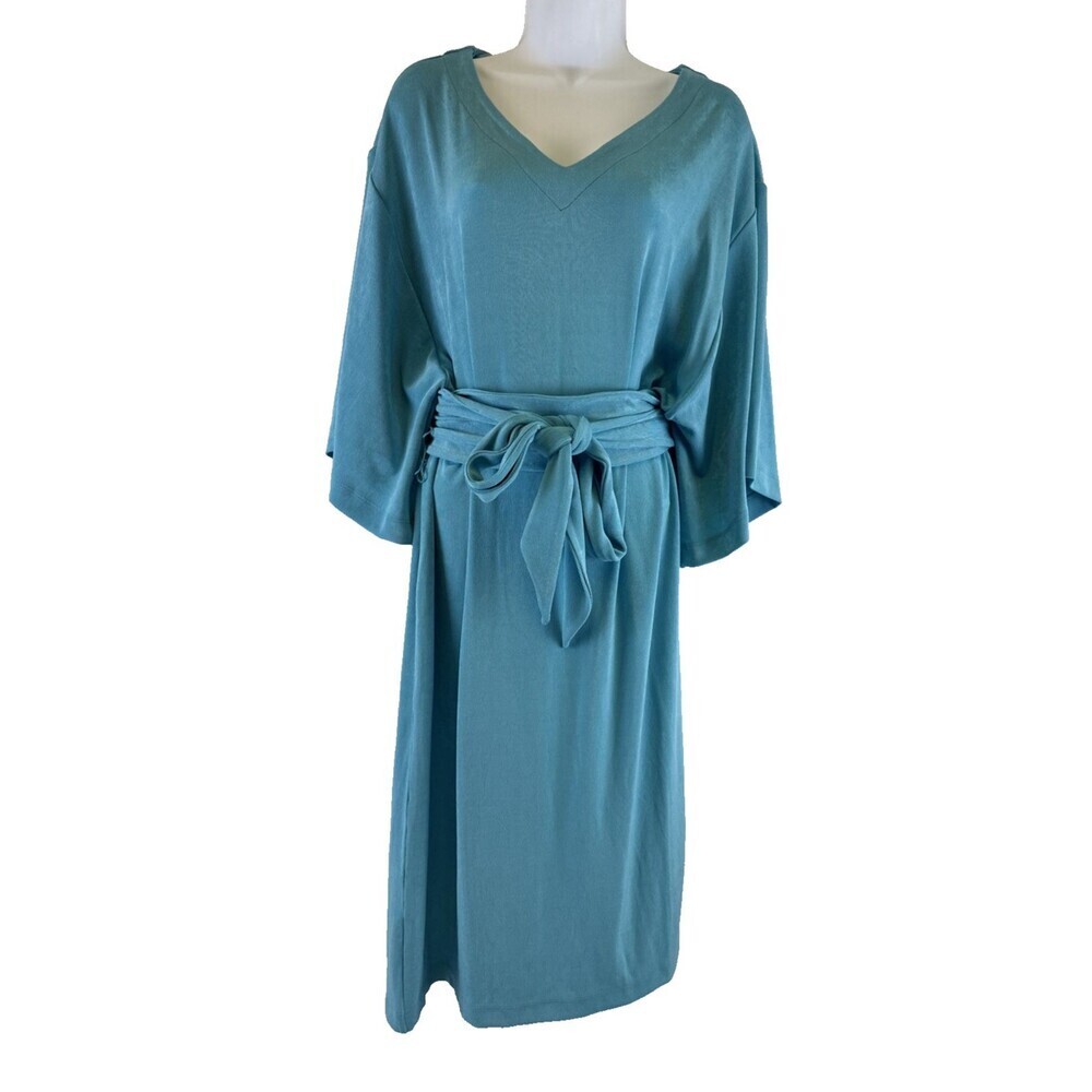 Chicos Travelers Kimono Sleeved VNeck Dress Acetate Spandex Turquoise Blue Large - Picture 3 of 12